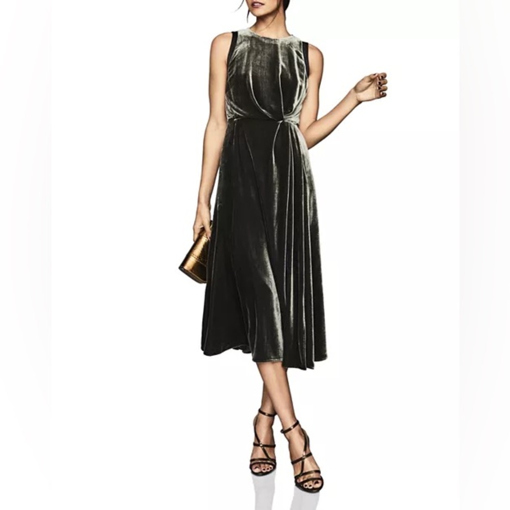 Reiss Olive-Green Velvet Midi Dress